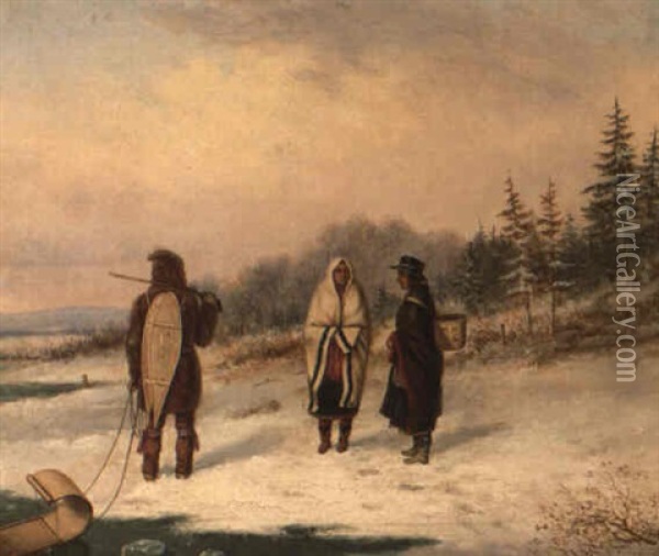 Three Indian Figures In A Winter Landscape Oil Painting - Cornelius David Krieghoff