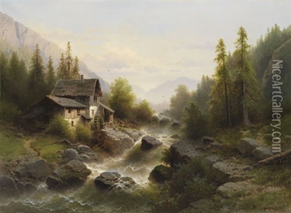 Landschaft Mit Wassermuhle Im Berner Oberland Oil Painting - Albert Rieger