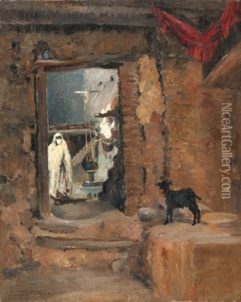 Entree De La Maison, Sud Algerien Oil Painting - Eugene F. A. Deshayes