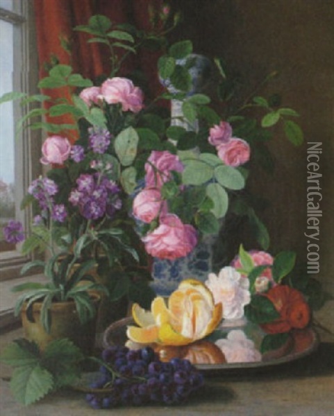 Blomsterstilleben Med Fruktfat Oil Painting - Carl Vilhelm Balsgaard
