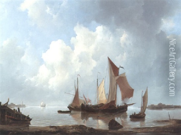 Shipping Vessels In A Estuary Oil Painting - Johannes Christiaan Schotel
