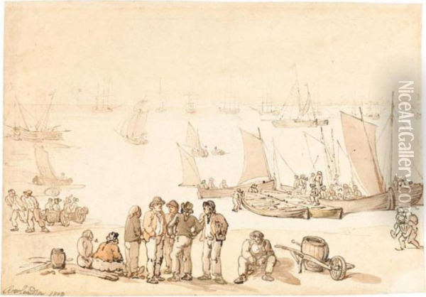 Sailors On The Shore, With A Fleet Of Ships In The Distance Oil Painting - Thomas Rowlandson