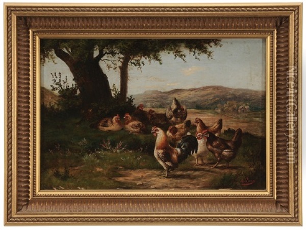 Chickens In A Yard Oil Painting - August Laux