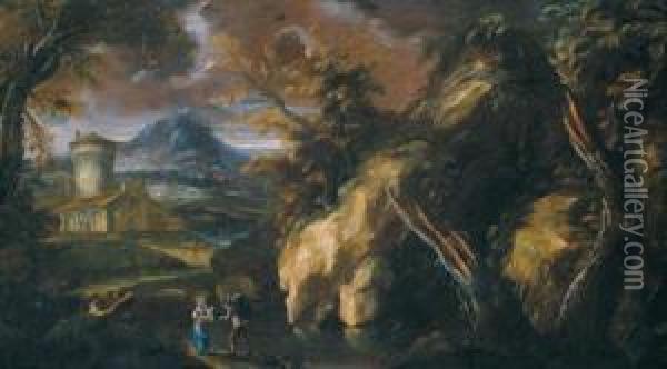 Paesaggio Meridionale Montuoso Boschivo Con Una Torre E Figure Oil Painting - Anton Faistenberger