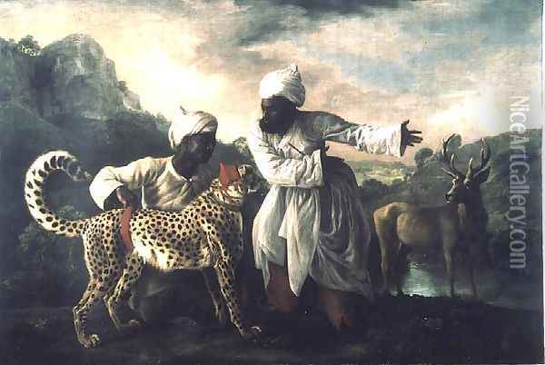 Cheetah and Stag with two Indians, c.1765 Oil Painting - George Stubbs