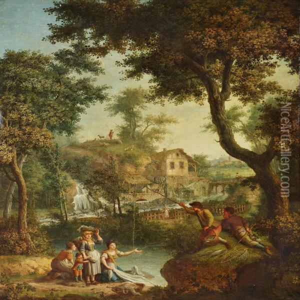 Pastoral Landscape With Waterfall And A Village In The Background Oil Painting - Giovanni Battista Colombo