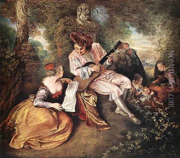'La gamme d'amour' (The Love Song) c. 1717 Oil Painting - Jean-Antoine Watteau