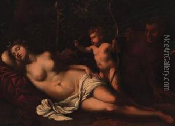 Venus Sleeping In A Forest With A Putto Holding Arrows, A Satyrlooking On Oil Painting - Guido Cagnacci