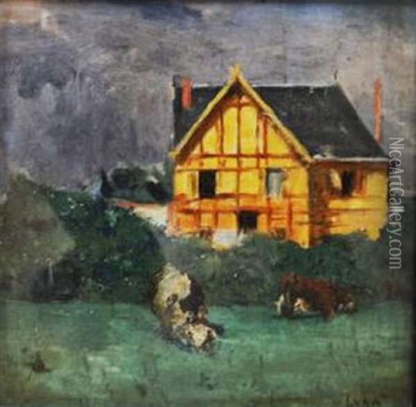 A Farm House Oil Painting - Juan (Count) Luna y Novicio