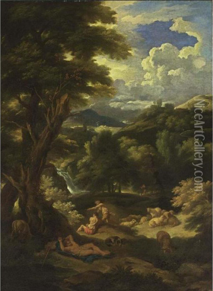 A Pastoral Landscape With Shepherds And Their Sheep Resting, A Waterfall Beyond Oil Painting - Pieter the Younger Mulier