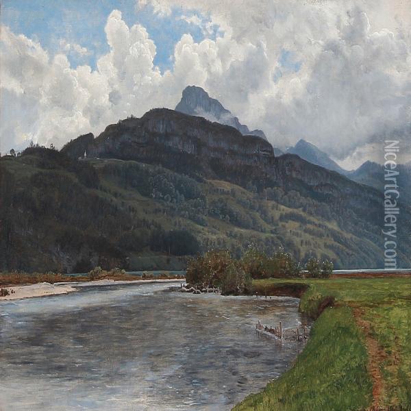 A Storm Coming Up At Brunnen, Switzerland Oil Painting - Janus Andreas La Cour