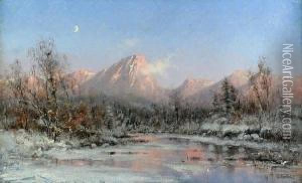 Moonrise Over A Winter Landscape Oil Painting - Frithjof Smith-Hald
