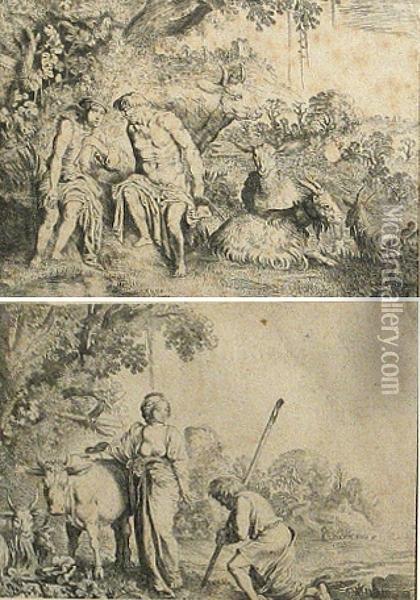 Two Plates, From La Fable D'argus
Juno Remettant A Argus La Garde D'io; Mercure Endormant Argus Oil Painting - Moyses or Moses Matheusz. van Uyttenbroeck