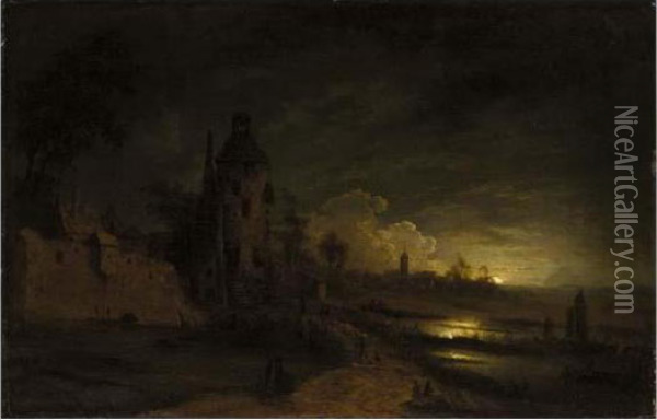 Moonlit Landscape With Figures On A Bridge Before A Tower Oil Painting - Aert van der Neer