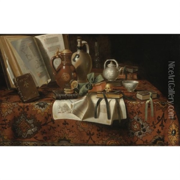 Vanitas Still Life With Books, Jugs, A Skull And Other Objects On An Table Draped With An Oriental Carpet Oil Painting -  Pseudo-Roestraten