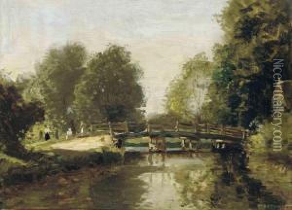 Figures Before A Bridge Oil Painting - Thomas E. Mostyn