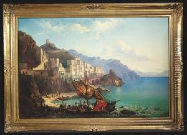 Amalfi At Early Morning With Fishermen Unloading Their Boats Oil Painting - Carl Ebert