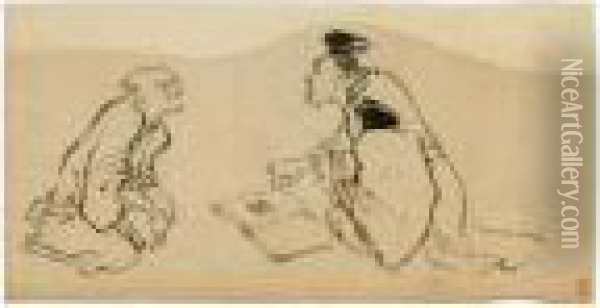 Dessin : Deux Hommes Agenouilles Oil Painting - Katsushika Hokusai