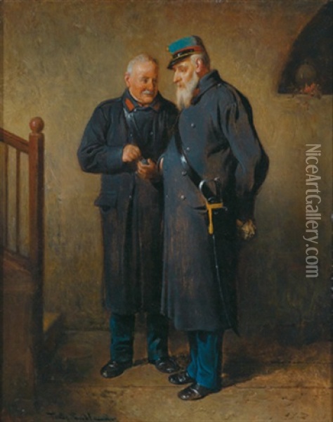 Zwei Veteranen Im Gesprach Oil Painting - Friedrich Ritter von Malheim Friedlaender
