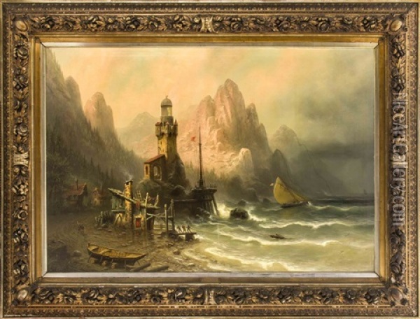 Hafenszene Vor Felsiger Landschaft Oil Painting - Albert Bredow