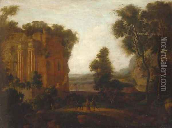 A classical Italianate landscape with travellers and a donkey on a track Oil Painting - Gaspard Dughet