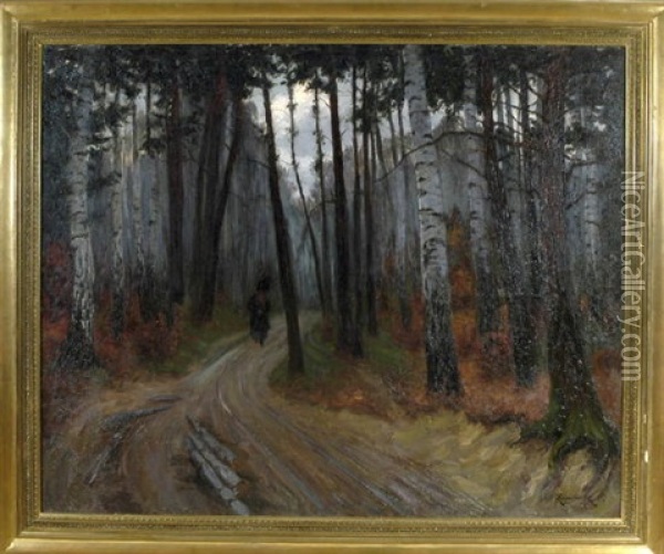 Holzsammlerin Auf Dem Heimweg Im Abendlichen Birkenwald Oil Painting - Jakob Koganowsky