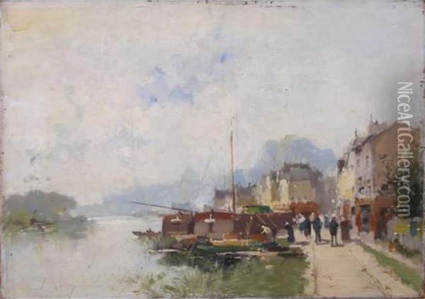 Peniche En Bord De Seine Oil Painting - Eugene Galien-Laloue