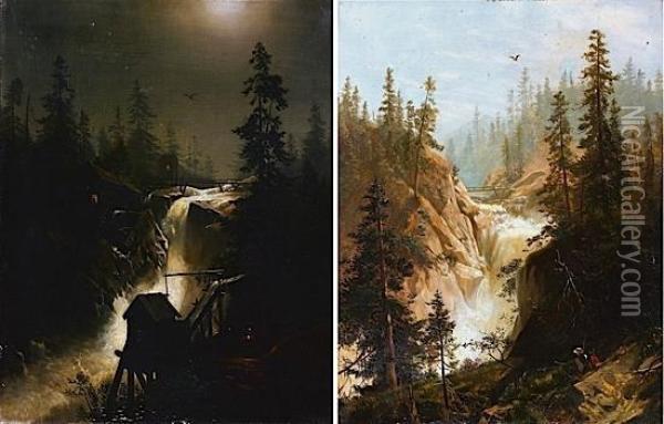 Cascade De Jour Et Cascade De Nuit Au Milieu De Montagnes Oil Painting - Herman Herzog