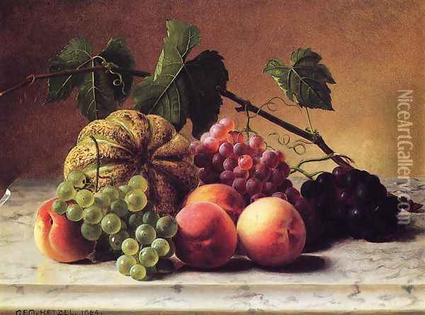 Still Life with Cantaloupe, Grapes and Peaches Oil Painting - George Hetzel