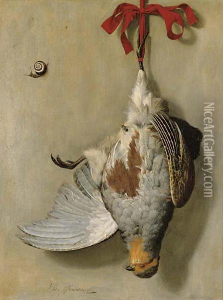 A Trompe L'oeil With A Partridge Hanging Oil Painting - Hendrik de Fromantiou