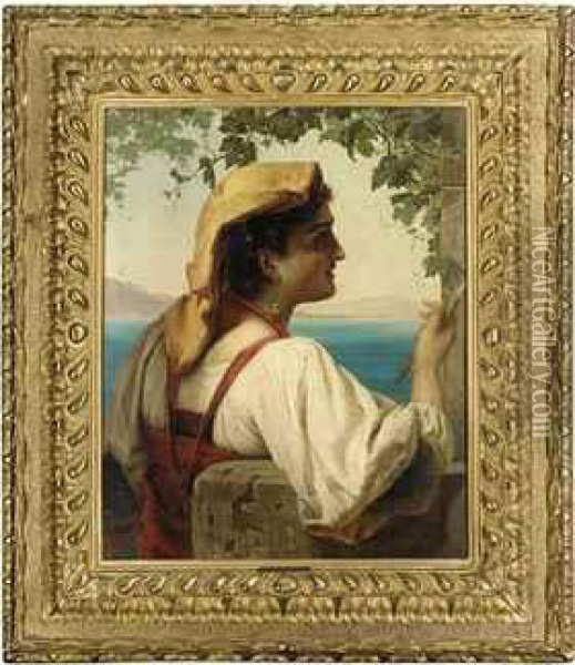 An Italian Maiden Mending Nets On The Bay Of Naples, Vesuvius Beyond Oil Painting - Anna Maria Elisabeth Jerichau-Baumann