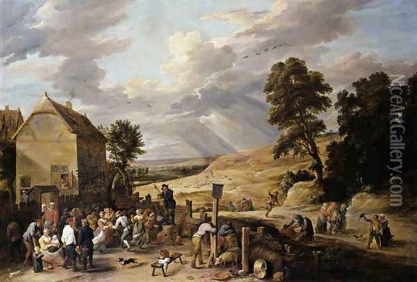 Peasants Dancing outside an Inn 1660s Oil Painting - David The Younger Teniers