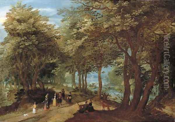 A wooded landscape with an amorous couple seated by a tree and elegant company strolling on a path near a river Oil Painting - Denys Van Alsloot