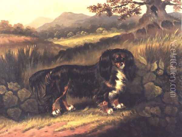 King Charles Spaniel Fuss in a Landscape Oil Painting - Samuel Spode