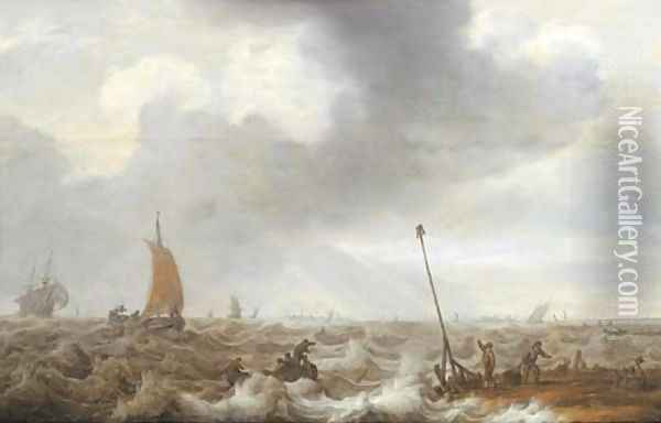 Shipping in choppy seas with fishermen on the shore in the right foreground, a town beyond Oil Painting - Cornelis Stooter