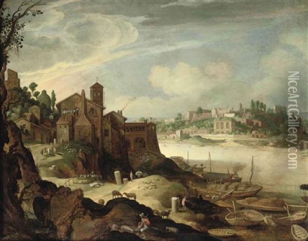 View Of The River Tiber With The Ripa Grande, Rome Oil Painting - Willem van Nieulandt the Younger