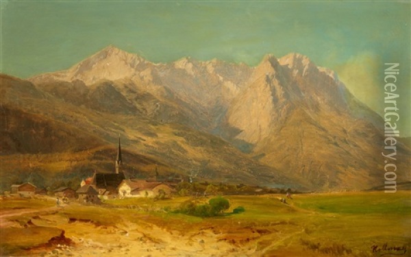 Alpine Landscape With A Village Oil Painting - Julius Rollmann