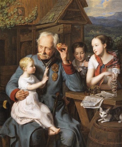Ein Alter Invalide Mit Drei Kindern Oil Painting - Ferdinand Georg Waldmueller