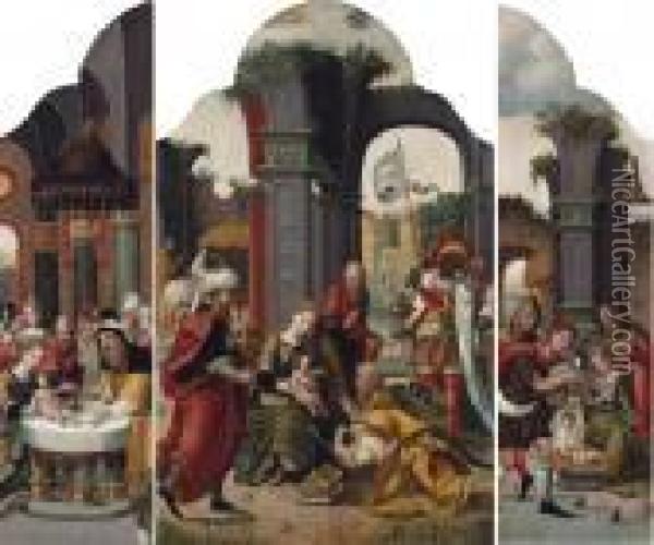 A Triptych: The Central Panel: 
The Adoration Of The Magi; The Left Wing: The Circumcision; The Right 
Wing: The Adoration Of The Shepherds Oil Painting - Pieter Coecke Van Aelst