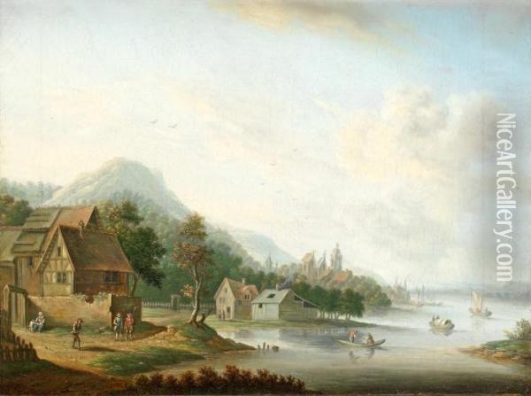 Tillskriven Flodlandskap Med Figurer Och Batar Oil Painting - Christian Georg Ii Schuz