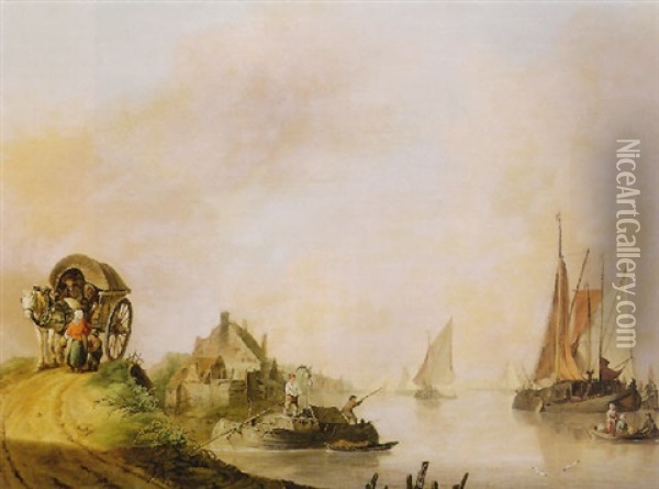 Figures In A Horse-drawn Cart By An Inlet With Ferries And Sailing Boats Oil Painting - Jan van Os