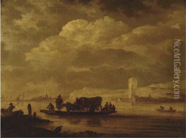 A River Landscape With A Ferry And Smaller Boats, A Town With A Large Tower Beyond Oil Painting - Jan van Goyen