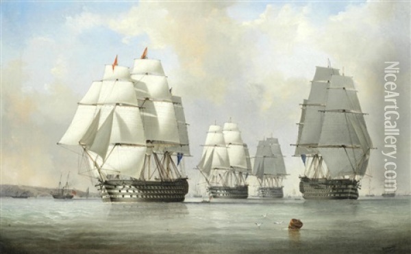 Ships-of-the-line From The 'experimental Squadron' Underway In Light Winds In Osborne Bay, 15th July 1845 Oil Painting - Nicholas Matthew Condy