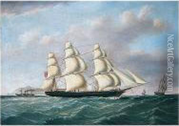 A Three-masted Schooner Outward Bound From Liverpool Off Holyhead And South Stack Oil Painting - Joseph Heard