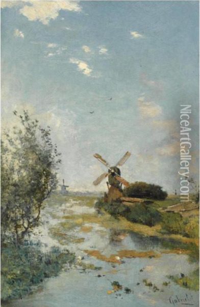 A Windmill In A Polder Landscape Near Kortenhoef Oil Painting - Paul Joseph Constantine Gabriel
