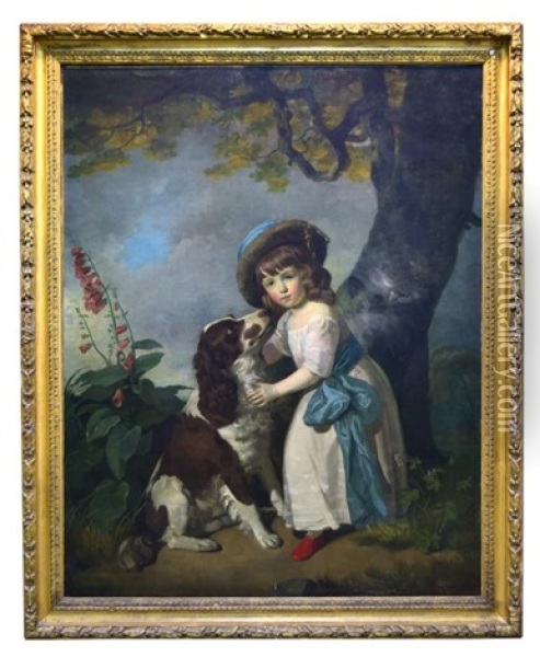 A Small Child With A Liver And White Spaniel In A Landscape Oil Painting - Richard Brompton