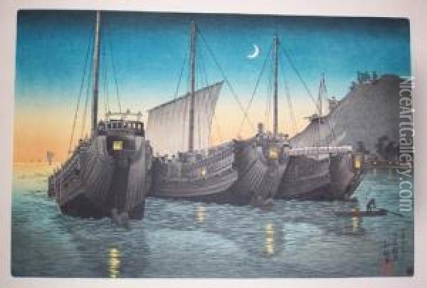 Junks In Inatori Bay, Izu Oil Painting - Takahashi Shotei