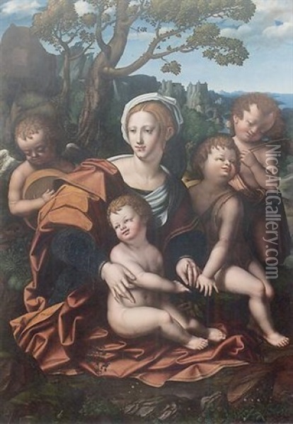 Madonna Col Bimbo E Angeli In Paesaggio Oil Painting - Cesare da Sesto
