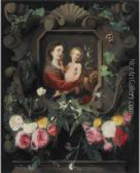 The Virgin And Child With The 
Infant Saint John, In A Stonecartouche, Decorated With A Garland Of 
Roses, Snowdrops And Ivy,together With Two Butterflies Oil Painting - Daniel Seghers