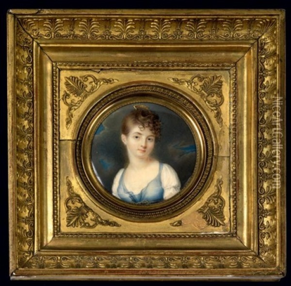 Portrait De Jeune Fille En Robe De Soie Bleue Et Voile De Dentelle. Fond De Ciel Nuageux Oil Painting - Jean Baptiste Jacques Augustin
